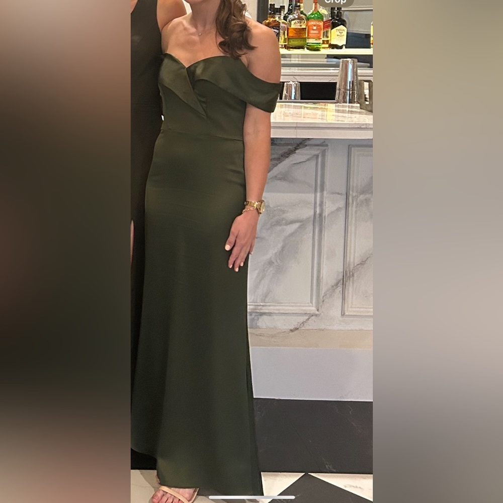 Revelry Bardot bridesmaid olive green crepe dress gown